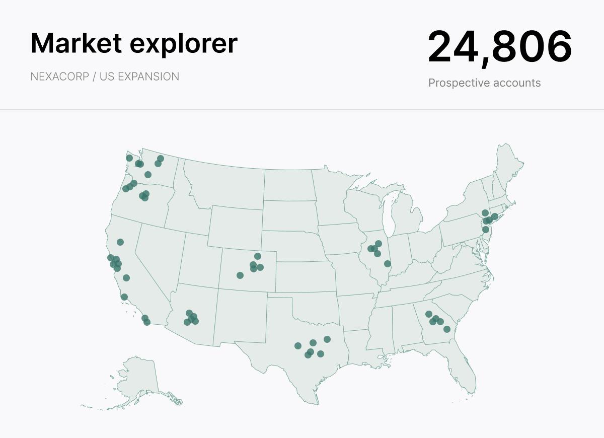 Market explorer map of 24,806 prospective US accounts as clustered dots