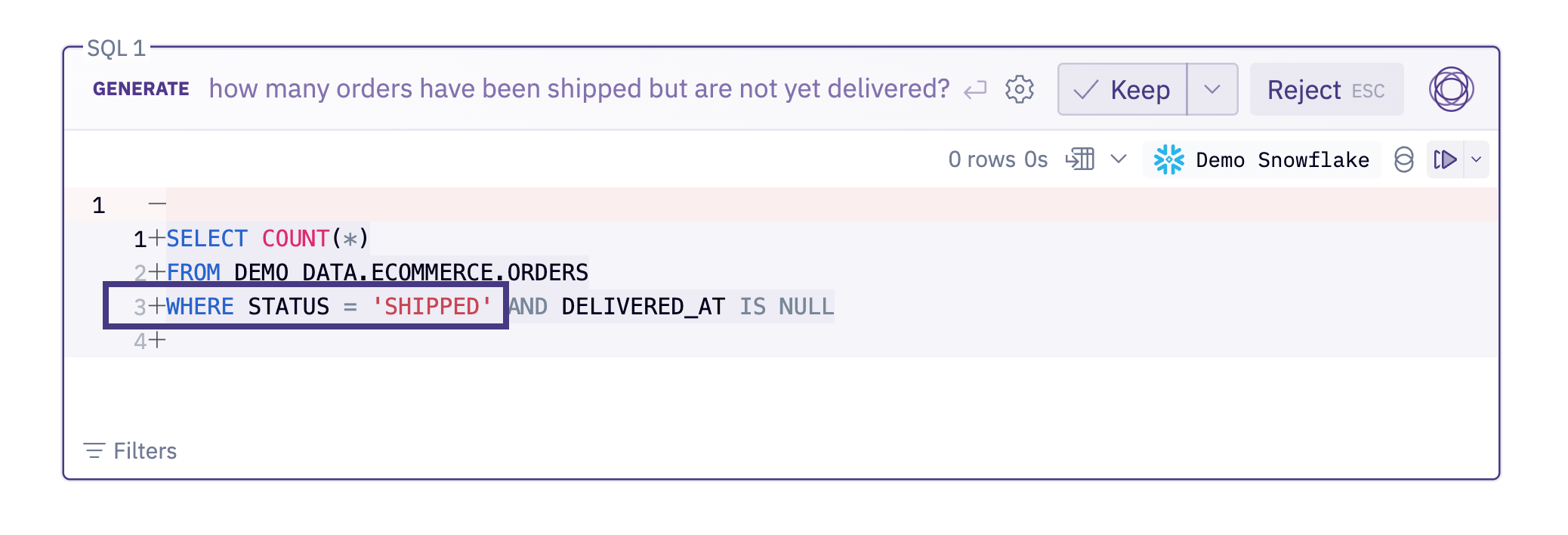 This query should filter on STATUS = 'Shipped', but it's hallucinating SHIPPED.